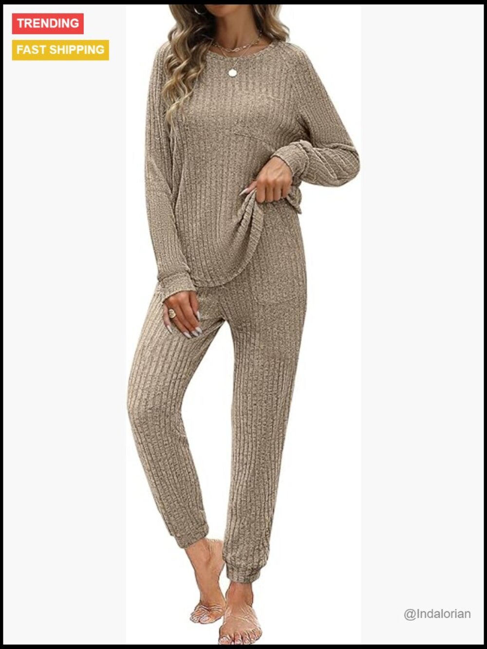 Ribbed Knit Lounge Set Long Sleeve Pajama Jogging Sweatsuit